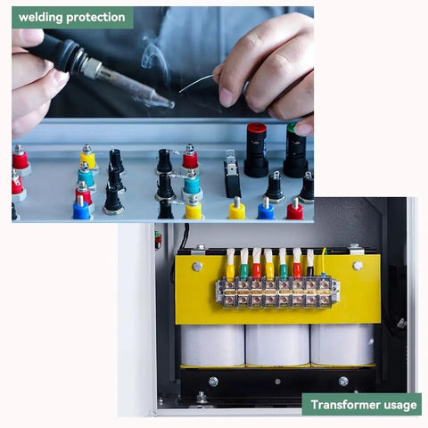 Close-up of hands soldering with welding tools and a yellow transformer unit with wires in an industrial setting.