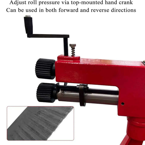 Close-up of red 7 Inch Sheet Metal Bead Roller Kit With 6 Dies, 22 Gauge Rotary Forming Tool showing hand crank and roller gears.