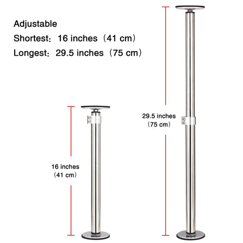 Adjustable stainless steel sink bracket legs shown at 16 inches (41 cm) and 29.5 inches (75 cm) heights for undermount sinks.