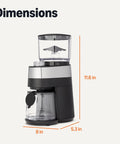 Professional Flat Burr Coffee Grinder With 30 Precision Settings For French Press Drip Coffee And Espresso Anti Static Housing And Six Point Five Ounce Hopper Black dimensions labeled on the side view.