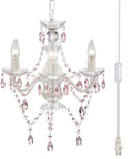 Plug In Mini Crystal Chandelier For Girls Room White And Pink With Sparkling Crystal Drops 3 Light Hanging Lamp For Bedroom