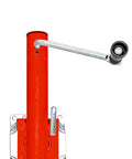 Trailer jack with wheel, red bolt-on tongue jack for RV/boat trailers, chrome arm (side view)