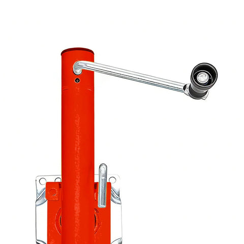 Trailer jack with wheel, red bolt-on tongue jack for RV/boat trailers, chrome arm (side view)