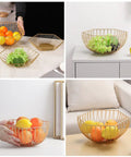 Golden Iron Fruit Basket For Fruits And Vegetables With Draining Water Feature And Geometric Wire Design Stackable Storage Organizer