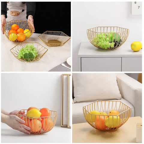 Golden Iron Fruit Basket For Fruits And Vegetables With Draining Water Feature And Geometric Wire Design Stackable Storage Organizer