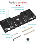 Adjustable Shelf Pin Jig For Cabinets Delivers Dead On Accuracy And Straight Hole Punching Built From Heavy Duty Aluminum Alloy, showing drill bushings and bits.