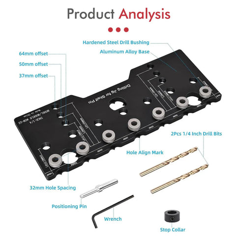Adjustable Shelf Pin Jig For Cabinets Delivers Dead On Accuracy And Straight Hole Punching Built From Heavy Duty Aluminum Alloy, showing drill bushings and bits.