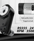 Side view of Two Pack High Speed 24V RS555 Motor Gearbox Upgrade Kit For Power Wheels Ride On Toys With 35000 RPM Includes Free Connector Couplers And Tire Adapter For 18V 20V 24V Conversion Beast Mode, showing motor and components