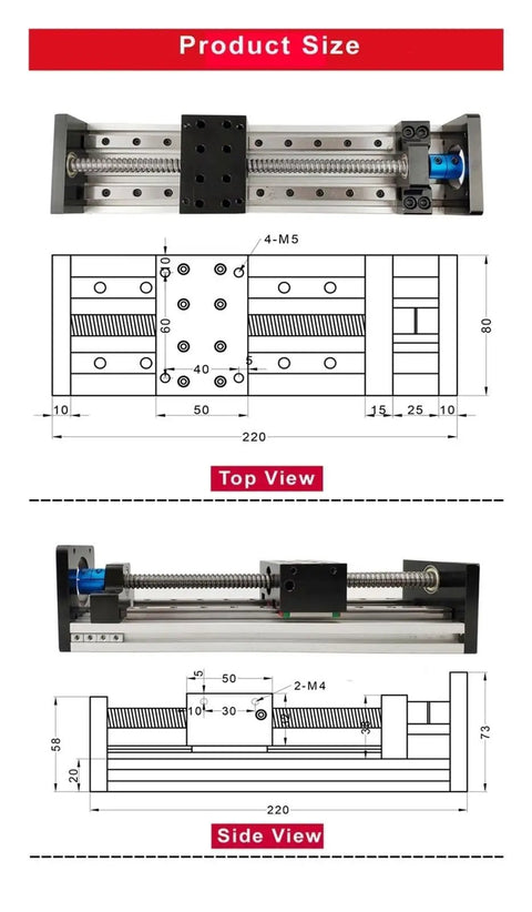 Product size chart of Two Piece Heavy Duty Linear Guide Motion Module Rail Table With Right Connect Board 500mm Stroke 0.03mm Accuracy Speed Up To Fifty Millimeters Per Second 1605 1610 Ballscrew System Ideal For DIY CNC Machines Robots And Automation, top and side views