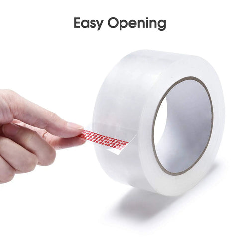 Hand demonstrating easy opening feature of Heavy Duty Clear Packing Tape For Moving And Shipping Extra Sticky OPP Adhesive 2 Inch Wide 2.7 Mil.