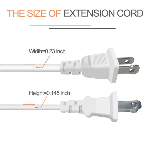 Size dimensions of Six Foot Short Slim Indoor Extension Cord With 2 Prong Polarized Plug 125V 5A 625W Flat White No Frills Cord