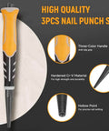 Pro Grade 3 Piece Pin Punch Set With CRV Steel Black Oxide Punches 1/32 1/16 3/32 Inches for Gunsmithing Automotive shown with grip handle.