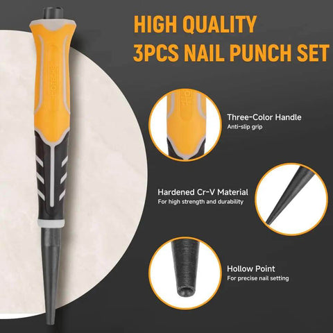 Pro Grade 3 Piece Pin Punch Set With CRV Steel Black Oxide Punches 1/32 1/16 3/32 Inches for Gunsmithing Automotive shown with grip handle.