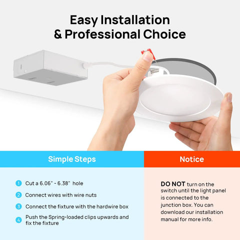 Hands installing Ultra Thin 6 Inch LED Recessed Lighting 12 Pack Canless Retrofit Fixtures with junction box, showing steps.