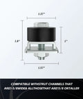 Front view of Patented Trolley Roller Limit, dimensions marked, for 1-5/8 inch Unistrut strut channels, pack of four, enhancing safety and alignment.