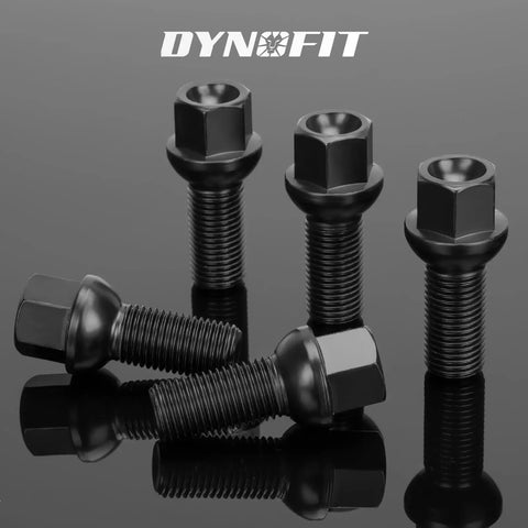 M14x1.5 Lug Bolts Set For Audi And Volkswagen OEM Rims black finish displayed on reflective surface