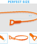 Six Pack Hair Drain Clog Remover Tools Set With Flexible Plastic Drain Snakes For Kitchen Sink Bathroom Tub And Toilet Includes Durable Hair Catcher Augers To Clear Slow Drains And Prevent Blockages - Orange plastic drain snake shown with measurements.