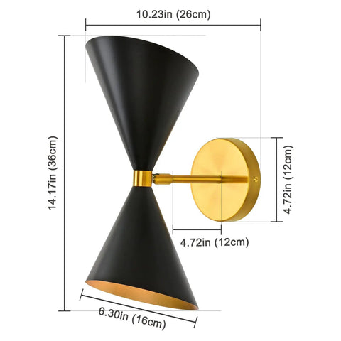 Mid Century Modern Wall Sconce 1 Pack Industrial Black And Brass Vanity Light With E26 Base, dimensions shown