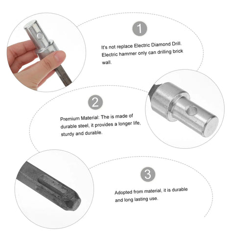 Close-up of a drill bit adapter for rotary hammer universal earth auger converter chuck, durable steel, highlighting design features.