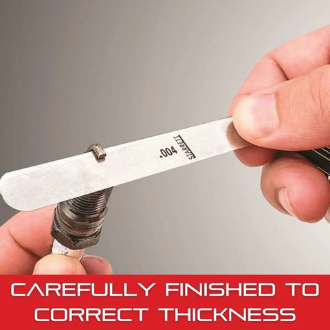 Close-up of hand using Tempered Steel Metric Thickness Gauge With Easily Removed Leaves for Woodworking and Home Improvement, 20 Leaves, 12.7 mm by 77 mm, Thickness Range 0.05 mm to 1.0 mm, Model 66MA, Carpenter Favorite Pro Gauge for Accurate Readings on a spark plug