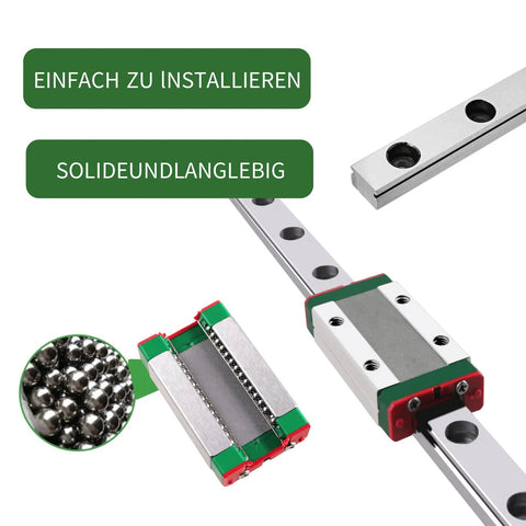 MGN12H 500mm Linear Rail Guide Kit With Carriage Block For DIY 3D Printer And CNC Machine Smooth Sliding High Precision Easy Mounting Stable Performance For Reliable Motion kit showing close-up of carriage block, rail, and internal ball bearings.