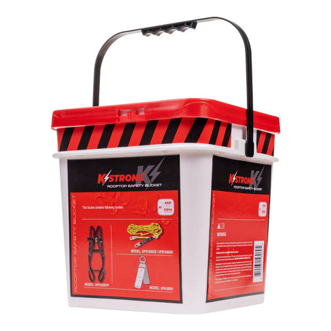 Pro Grade Roofers Kit With 5-Point Adjustable Harness Size L-XL in white bucket with red lid and handle