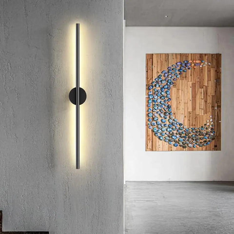 DFEDHF Minimalist Black Linear Wall Sconce - Slim LED Stick Light Fixture for Indoor Use, mounted on textured wall.
