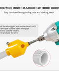 Electric Drill PVC Pipe Threader Kit With Internal And External Threading For One Half Inch Three Quarter Inch And One Inch NPT Pipes Works With Any Drill For Quick Easy Pipe Threading On The Job, shown attached to a drill with a close-up of threading on PVC pipe.