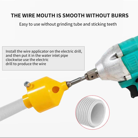 Electric Drill PVC Pipe Threader Kit With Internal And External Threading For One Half Inch Three Quarter Inch And One Inch NPT Pipes Works With Any Drill For Quick Easy Pipe Threading On The Job, shown attached to a drill with a close-up of threading on PVC pipe.