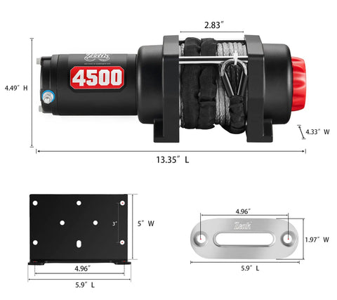Dimensions of Beefy 4500 Pound Winch Kit With 12V Power And 45 Foot Synthetic Rope For UTV Recovery With Wireless Remote Bracket