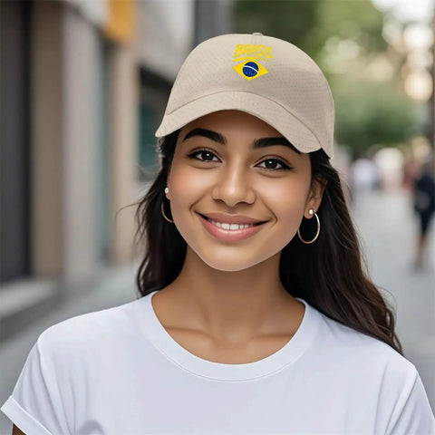 Lightweight Women Cap With Adjustable Buckle For All Seasons worn by woman outdoors, beige color with personalized design