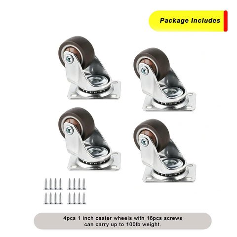 Set Of 4 1 Inch Swivel Caster Wheels For Lightweight Furniture Under 100 Lb, 360 Degree Plate Castors With Low Profile Soft Rubber