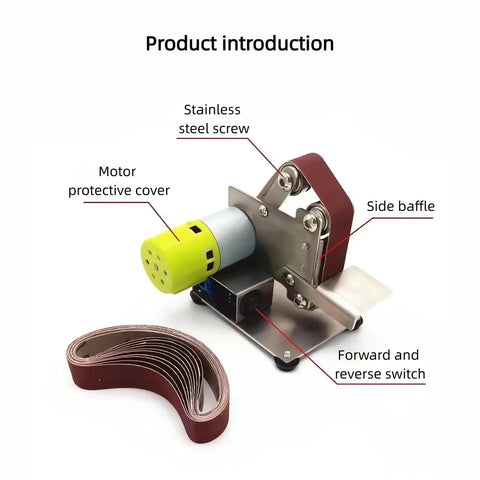 Professional Grade Mini Belt Sander Boasting A Sick Pure Copper Motor Versatile Electric Polisher with stainless screws and baffles.