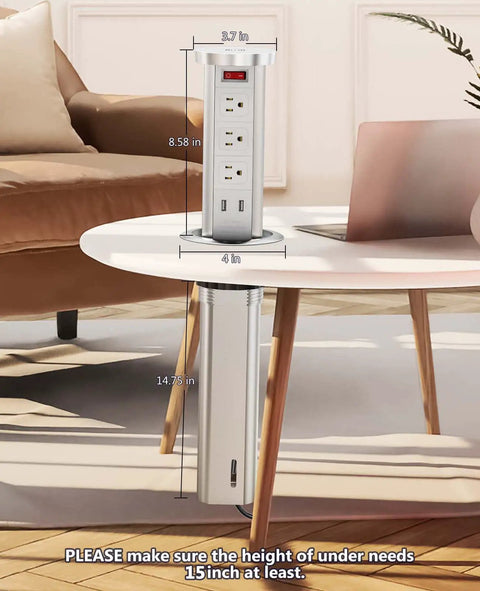 Pop Up Power Outlet With Wireless Charger Automatic Lift 3 Outlets And 2 USB Ports 10W Fast Wireless Pad 4 Inch Recessed Countertop