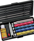 Pro Grade Knife Sharpening System with coarse medium ultra fine serrated hones, guide rods, flip-over clamp, and carry case