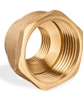 Brass reducing coupling, 1/2 in to 1 in female NPT threads, single-piece adapter.