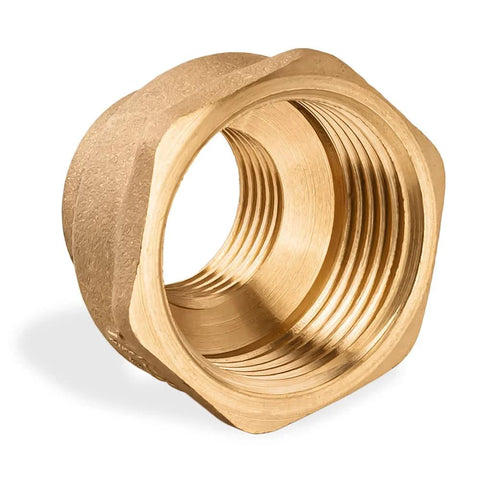 Brass reducing coupling, 1/2 in to 1 in female NPT threads, single-piece adapter.