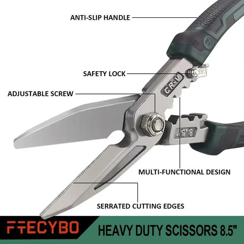 Heavy Duty 8.5 Inch Industrial Scissors With Serrated CRV Blades Aviation Tin Snips Featuring Built In Hex Wrench And Safety Lock