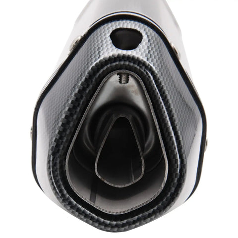 Close-up of carbon fiber universal motorcycle slip on muffler exhaust 1.5 to 2 inch for dirt bike street bike scooter and ATV