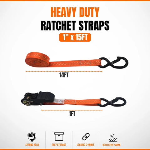 Rock Solid 15 Ft Ratchet Straps 4 Pack 1 Inch Wide Tie Down Ratchets For Trailers Trucks And Cars With Non Slip S Hook Heavy Duty Cargo Lashing Straps 2200 Lb Break Strength Orange Safety Color showing 15ft length and heavy duty design.