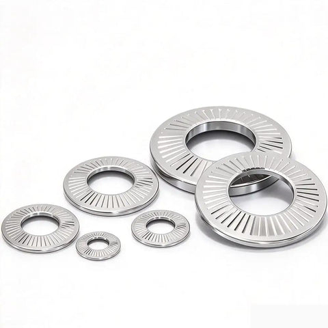 304 Stainless Steel Serrated Conical Disc Spring Washers in various sizes for rock solid bolt anti loosening.