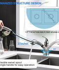 Brushed Nickel Kitchen Faucet With Pull Out Sprayer Single Handle, showing swivel spout and 27 inch hose reach diagram.