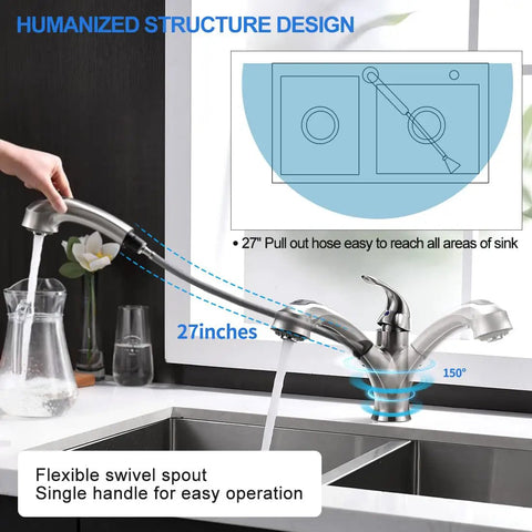 Brushed Nickel Kitchen Faucet With Pull Out Sprayer Single Handle, showing swivel spout and 27 inch hose reach diagram.