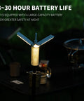 Foldable Rechargeable Camping Light With Stand And Detachable Tripod glowing in a dark outdoor setting for enhanced visibility.