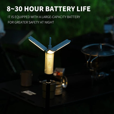 Foldable Rechargeable Camping Light With Stand And Detachable Tripod glowing in a dark outdoor setting for enhanced visibility.
