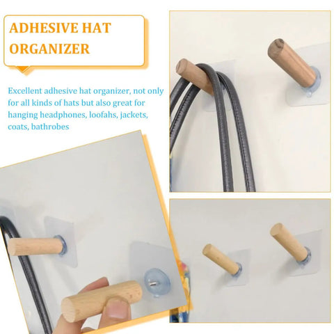 6 Piece Extra Long Wooden Wall Hooks Self Adhesive Coat Rack For Doors Easy Peel Stick showing three hooks with wooden pegs.