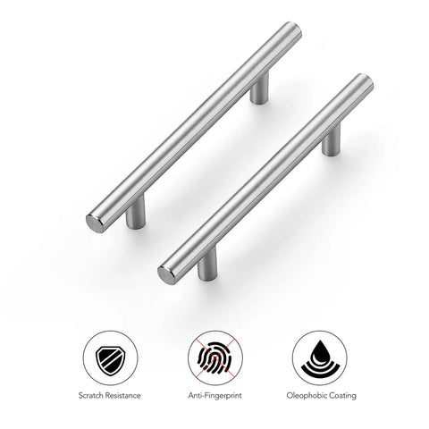 Two stainless steel kitchen cupboard drawer handles in brushed nickel, angled view, part of 30 Pack Brushed Nickel Cabinet Pulls series.