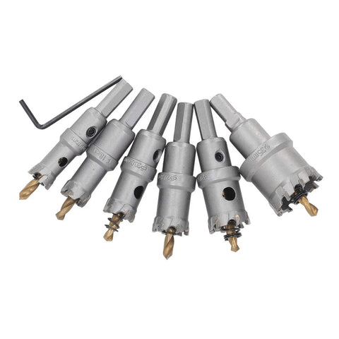 Top Rated Fafeicy Hole Saw Kit With 6pcs Carbide Drill Bits And 3 Blade Design For Perfect Holes In Metal Wood And Plastic Plus 3/8 In Shank DIY Magic For Pros, six gray carbide hole saw bits with shank and hex key