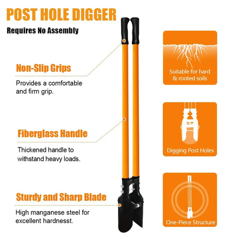 Heavy Duty Post Hole Digger With Fiberglass Handle 58 Inch Sharp Steel Blade For Quick Digging Through Hard Soil And Roots