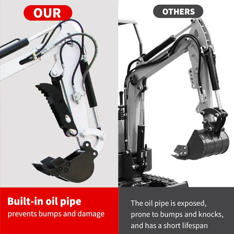 Comparison of mini excavator boom arms showing built-in oil pipe versus exposed oil pipe, used in One Point Two Ton Mini Excavator
